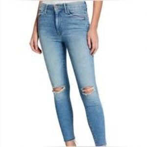 MOTHER High Waisted Looker Ankle Fray Blue Jeans in Thrilling Shots